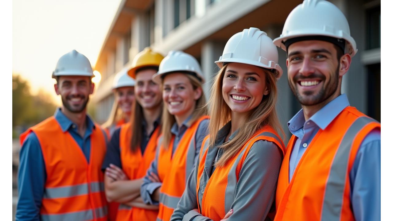 Professional team of diverse Billie GmbH construction experts proudly standing in front of a modern, eco-friendly building project under construction.