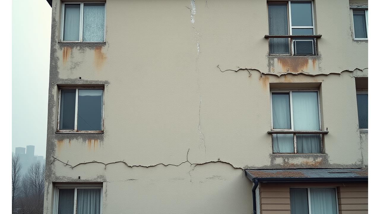 Before: Damaged facade with visible water stains and deteriorating materials
