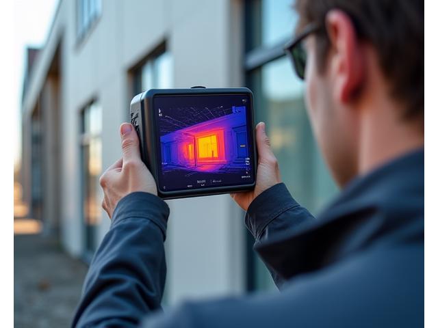 Technician performing thermal imaging on a building facade, displaying a heatmap on a screen
