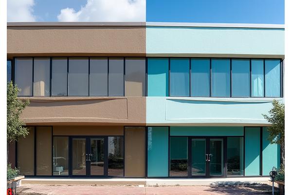 Before and after of a commercial building facade, transforming from worn to modern and clean.