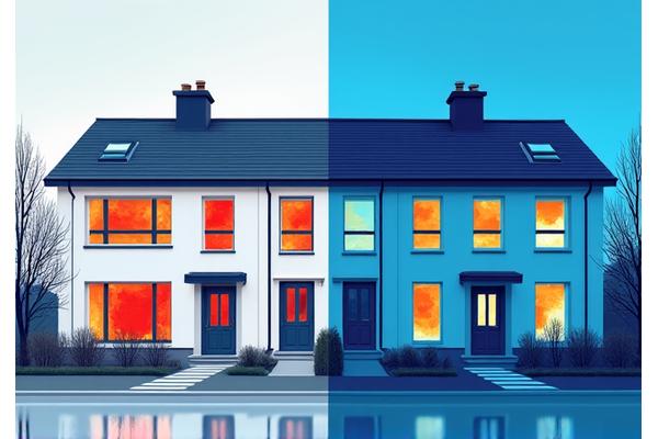 Before: Older home showing signs of heat loss; After: Same home with improved insulation visibly reducing heat escape in thermal imaging.