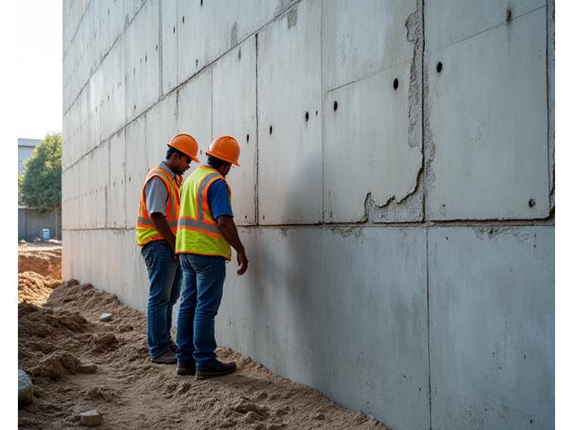Engineers inspecting a building's foundation, highlighting structural assessment