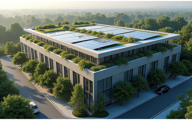 Modern commercial building with solar panels and green landscaping