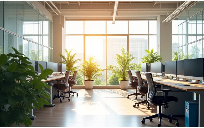 Sunlight streaming into a modern office through large windows