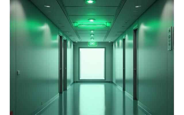 Emergency exit sign glowing in a modern office hallway