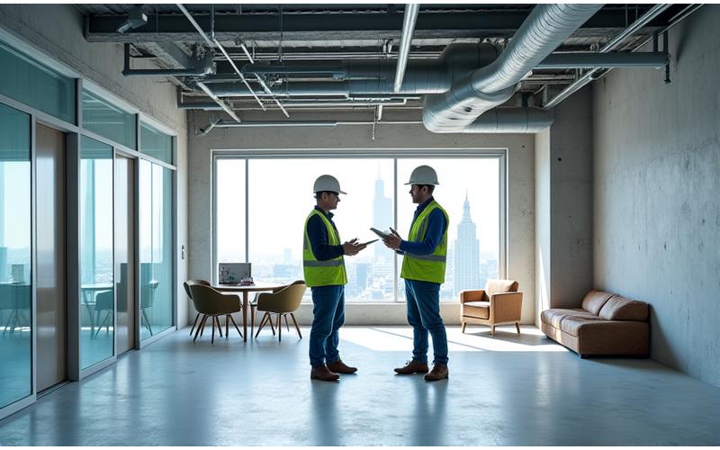 Two construction workers discussing plans in a partially completed office building