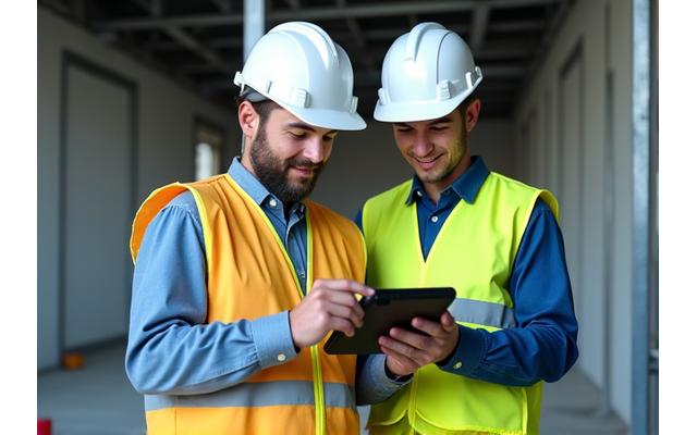 Team reviewing comprehensive safety protocols on a construction site tablet