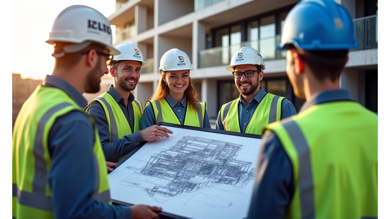Billie GmbH construction team overlooking blueprint on a job site, conveying expertise and collaborative spirit.