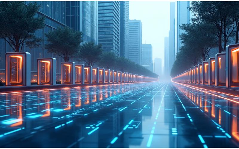 Futuristic smart city landscape with integrated EV charging infrastructure and data flow lines, symbolizing advanced technology and future compatibility.