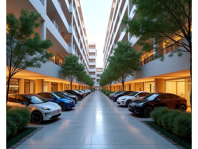 Upscale multi-family apartment complex with Billie GmbH EV charging stations prominently available in the resident parking area.