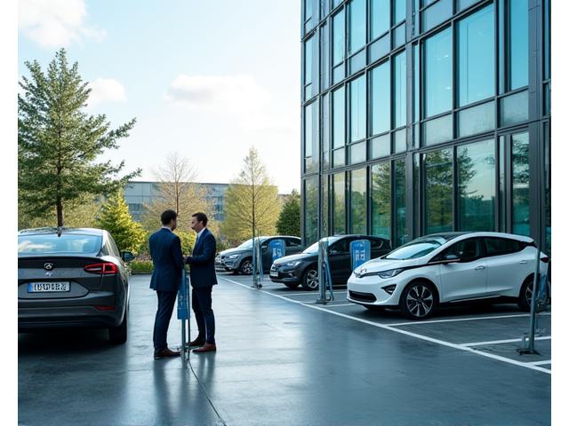 Modern corporate office complex with Billie GmbH EV chargers installed in the parking lot, showing employees happily plugging in their cars.