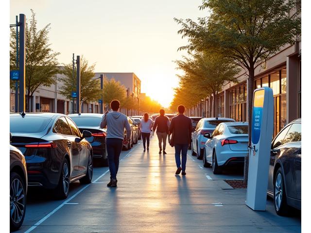 Busy retail shopping center with Billie GmbH EV chargers installed, showing diverse customers utilizing them.