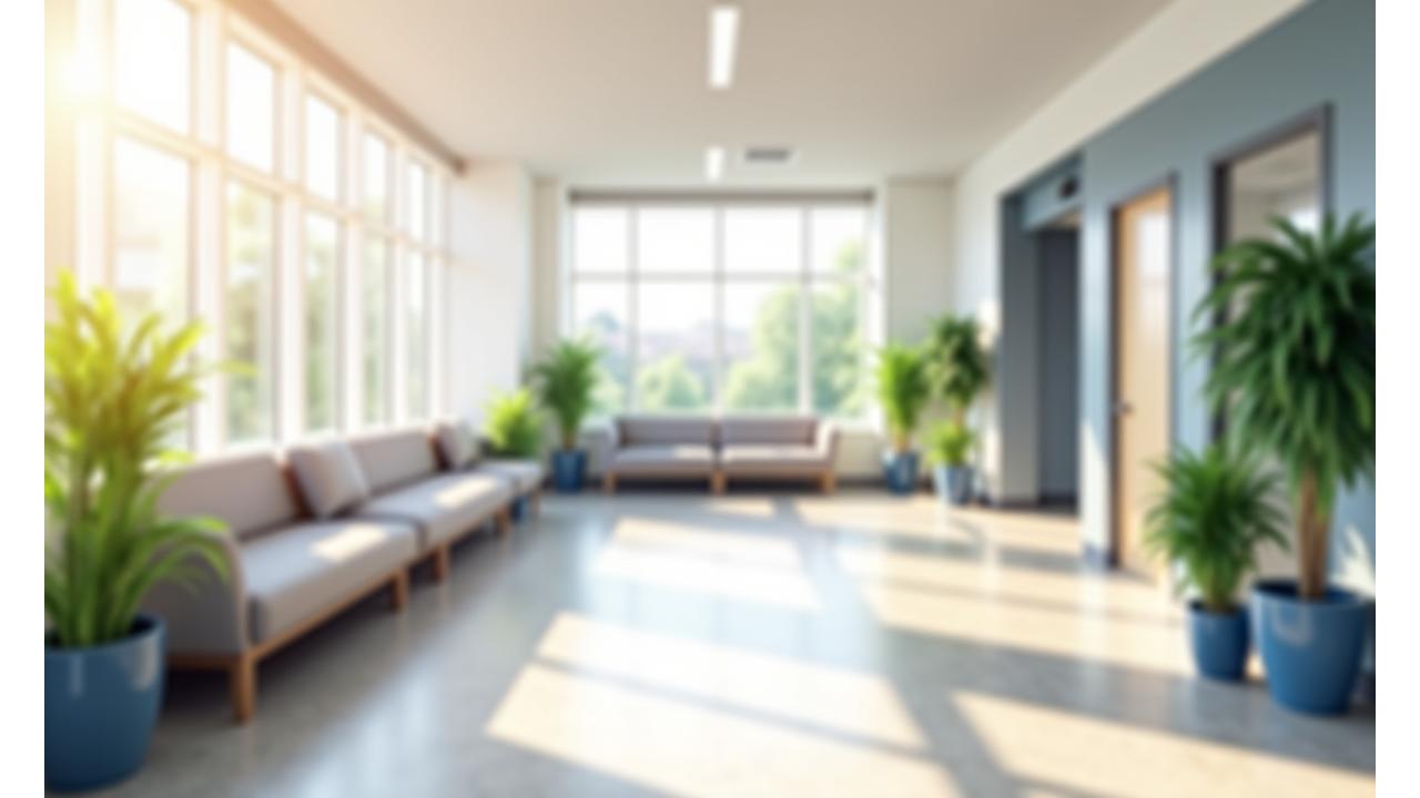 Bright, modern hospital lobby with comfortable seating and natural light, emphasizing patient comfort and a welcoming atmosphere.