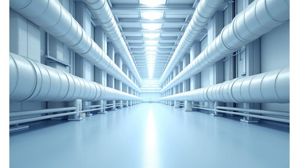 Insulated pipes and machinery in a modern manufacturing facility.