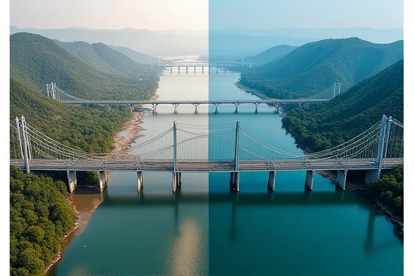 A before image of an old, narrow bridge, followed by an after image of a newly constructed wide, modern bridge spanning a significant river.