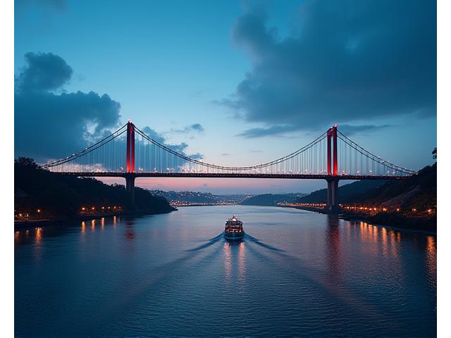 A large, modern cable-stayed bridge spanning a river at sunset, showcasing intricate engineering and vital connectivity.