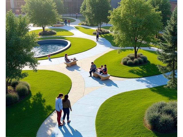 An aerial view of a vibrant public park with walking paths, green lawns, and recreational areas, indicating community development.