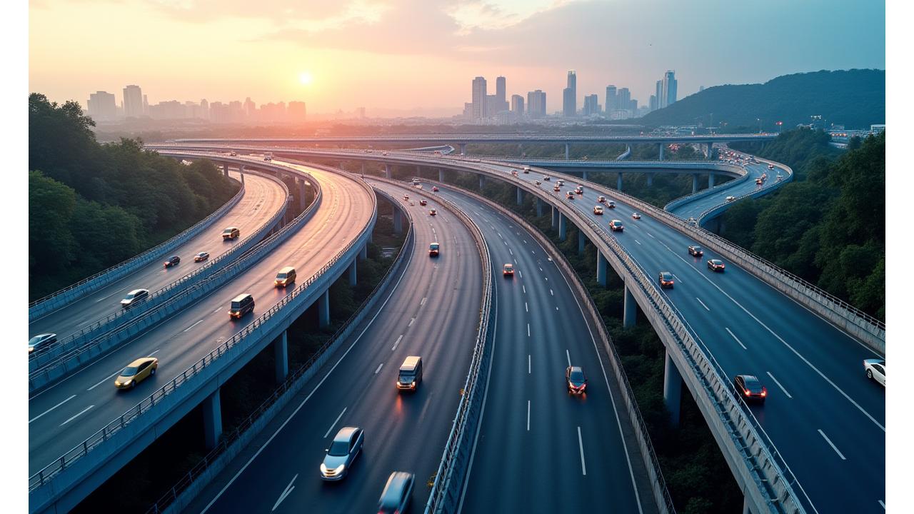 Panoramic view of a modern highway interchange with multiple lanes and bridges, bustling with traffic under a clear sky, symbolizing connectivity and efficient infrastructure.