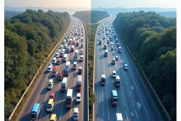 An aerial before shot of a congested highway, followed by an aerial after shot of the same highway with new lanes and improved interchanges.