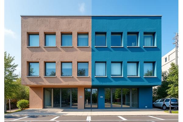 A before image of a dilapidated old municipal building, followed by an after image of a sleek, energy-efficient, newly renovated public administration building.