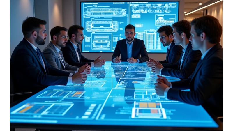 A detailed construction project timeline projected onto a screen, with team members collaboratively reviewing tasks and milestones in a meeting room.