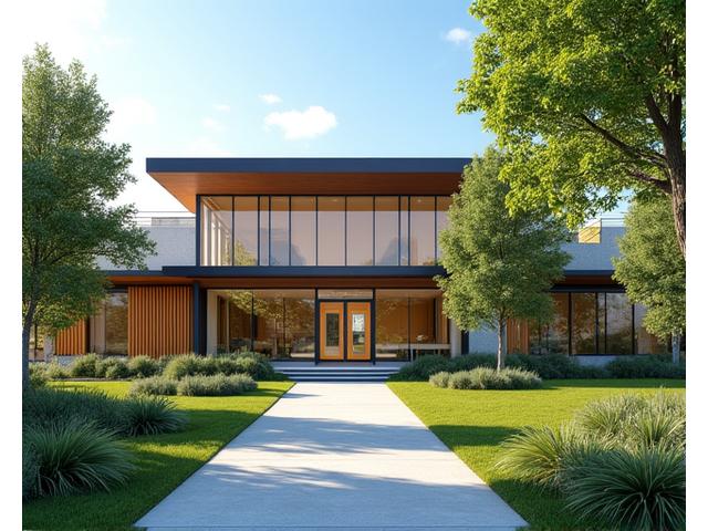 A contemporary, welcoming community center building with large glass windows and modern architecture, surrounded by green landscaping.