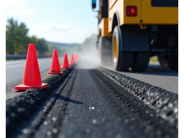 An active road construction site with heavy machinery, freshly laid asphalt, and safety cones, indicating ongoing work on a new urban road.