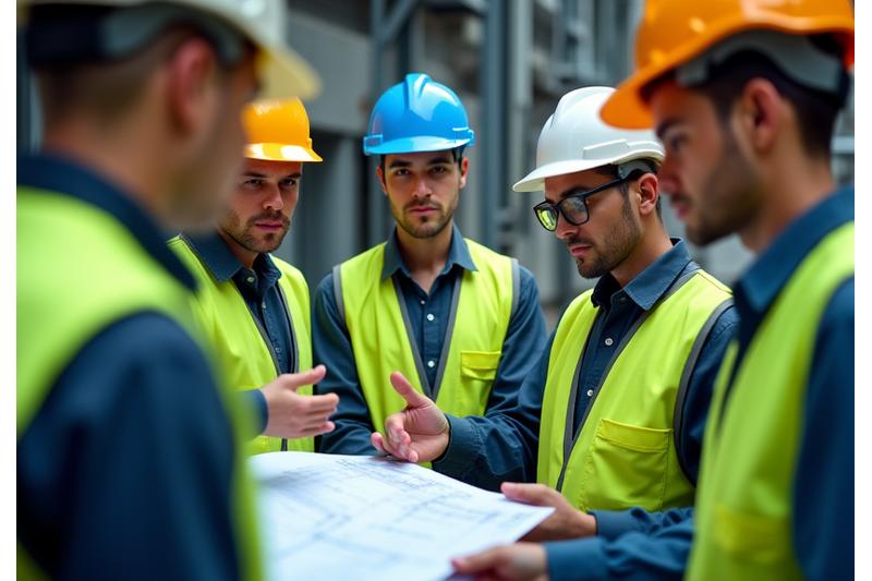 Construction workers in high-visibility gear and hard hats attending a safety briefing on an active construction site, emphasizing teamwork and safety.