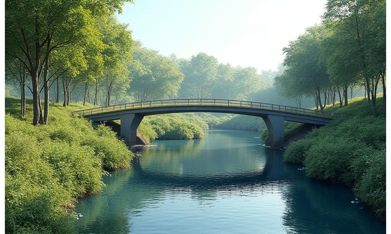 An architect's rendering showing a green, sustainable bridge design with integrated solar panels and permeable surfaces for stormwater management, set against a natural landscape.