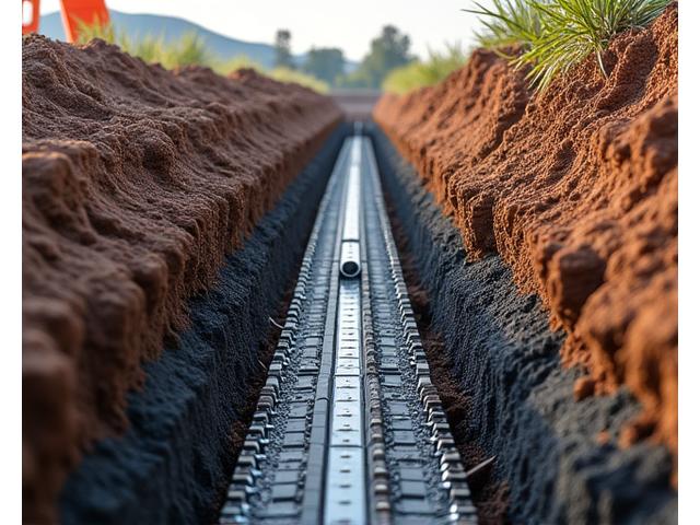 Underground utility lines and conduits being installed in a trench on a construction site, showing detailed infrastructure work.