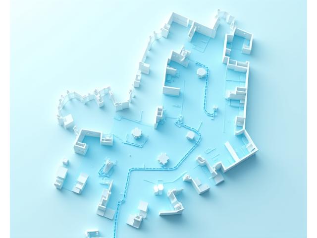 Overhead view of a modern hospital floor plan highlighting optimized patient and staff flow paths with digital overlays.