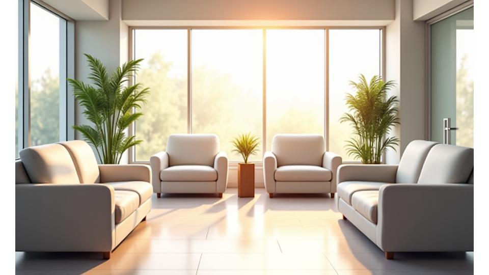 Serene hospital waiting area with large windows, indoor plants, and soft lighting, designed for patient comfort.