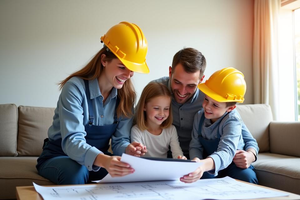 Family with young child looking at house plans with a friendly construction expert