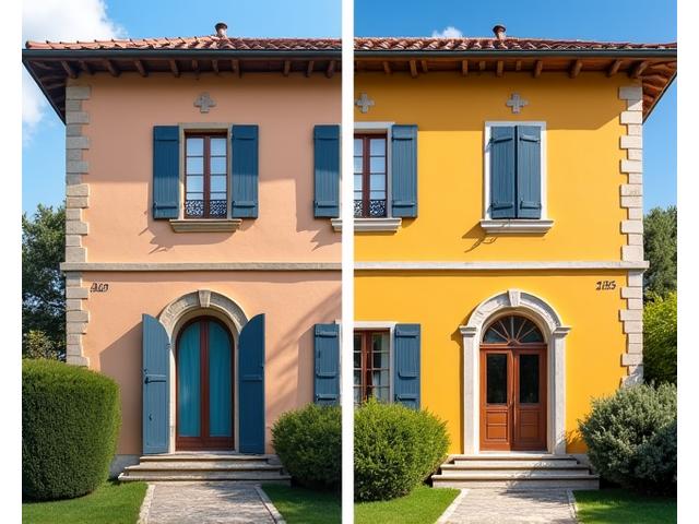 Before and after of a historic home's facade renovation, showing improved curb appeal