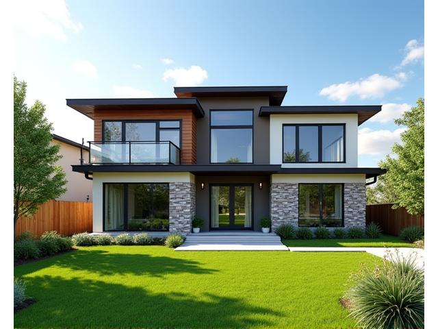 Exterior of a modern, energy-efficient family home with green lawn