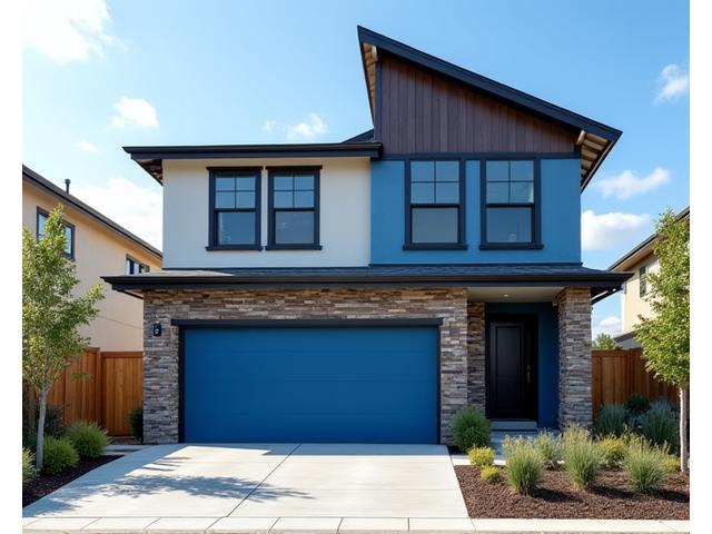 Modern new home exterior with large windows and garden