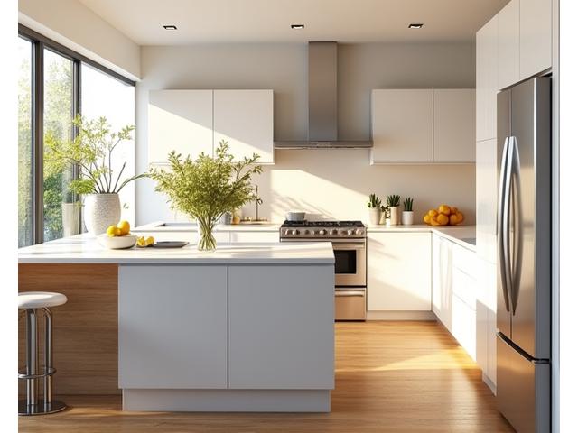 Bright, newly renovated kitchen with large island and sleek appliances
