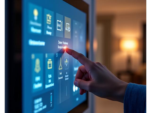 Modern smart home interface on a tablet, showcasing integrated controls for lighting, climate, and security with a blurred contemporary living space in the background.