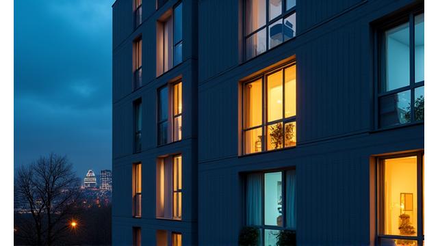 Modern apartment building facade at dusk with interior lights visible, suggesting smart lighting controlled centrally.