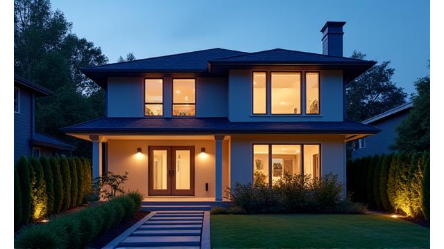 Modern family home with smart lighting visible, a sleek thermostat on the wall, and green foliage outside.