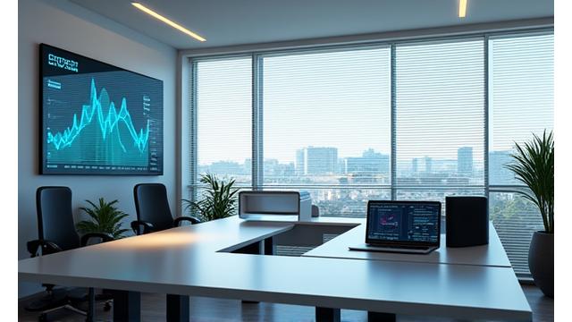 Sleek, minimalist smart office interior with integrated monitors and automated shading, creating a productive atmosphere.