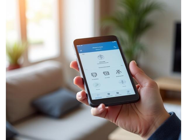 A hand holding a smartphone displaying a clean, intuitive smart home control app interface with various room controls and settings.
