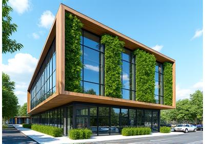 A sleek, modern commercial building with a living green wall and significant use of natural light, bearing a LEED certification plaque.