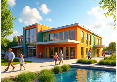 A vibrant, multi-purpose community center with prominent solar panels on the roof and a landscaped rainwater garden.
