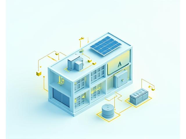Schematic diagram of smart building energy systems, showing solar panels, HVAC units, and energy monitors connected.