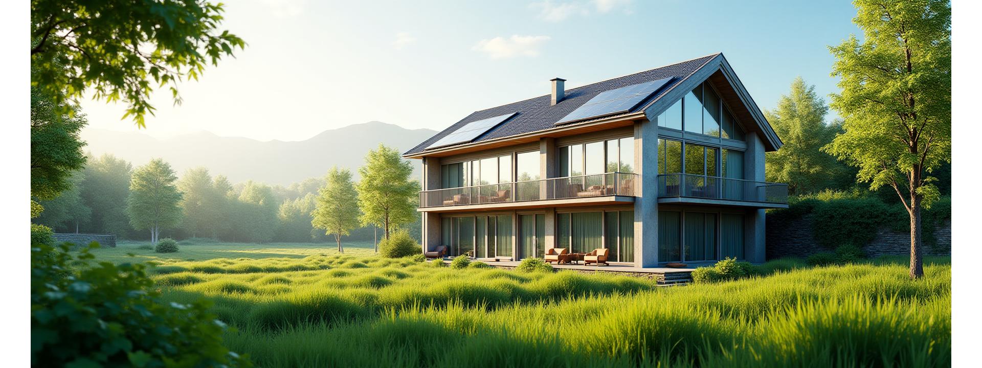 Modern eco-friendly building with large windows and solar panels, surrounded by lush green landscape under a bright sky, symbolizing sustainable future.