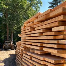 Stack of responsibly sourced timber planks at a local sawmill, emphasizing local sourcing.