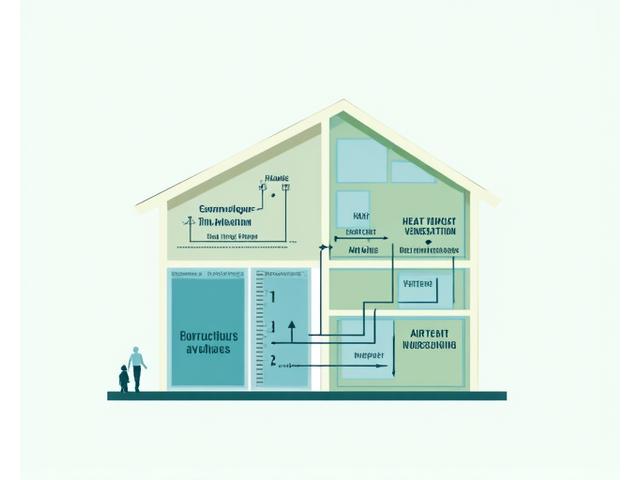 Illustration of a typical passive house with layers of insulation, heat recovery ventilation system, and airtight construction highlighted.