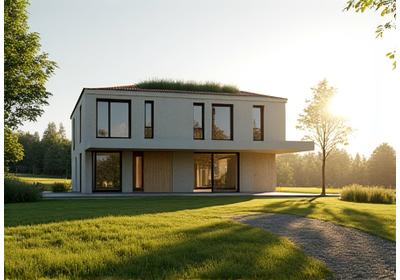 A modern, certified residential passive house with large windows and a minimalist design, surrounded by nature.